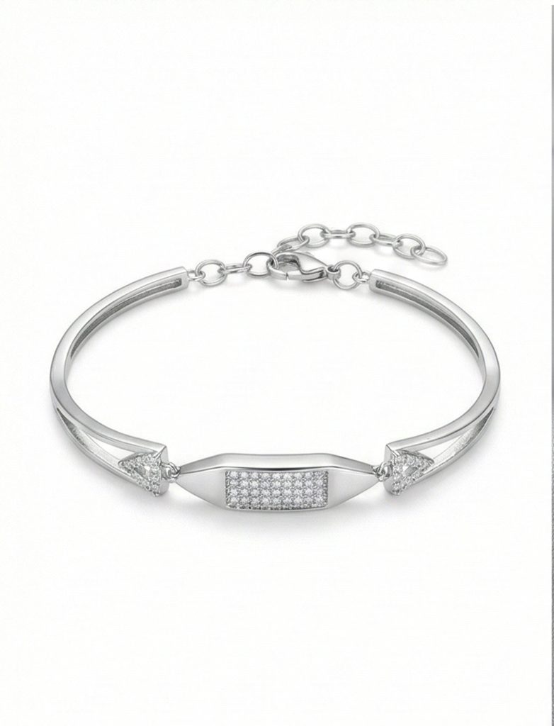925 Sterling Silver Cushion Shape Station Hinged Bangle Bracelet Jewellery For Women High Polish Finish : AG0202-106