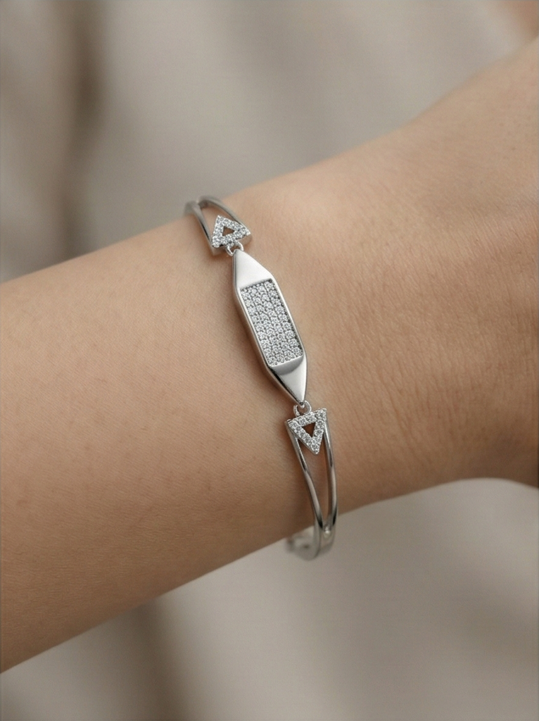 925 Sterling Silver Cushion Shape Station Hinged Bangle Bracelet Jewellery For Women High Polish Finish : AG0202-106