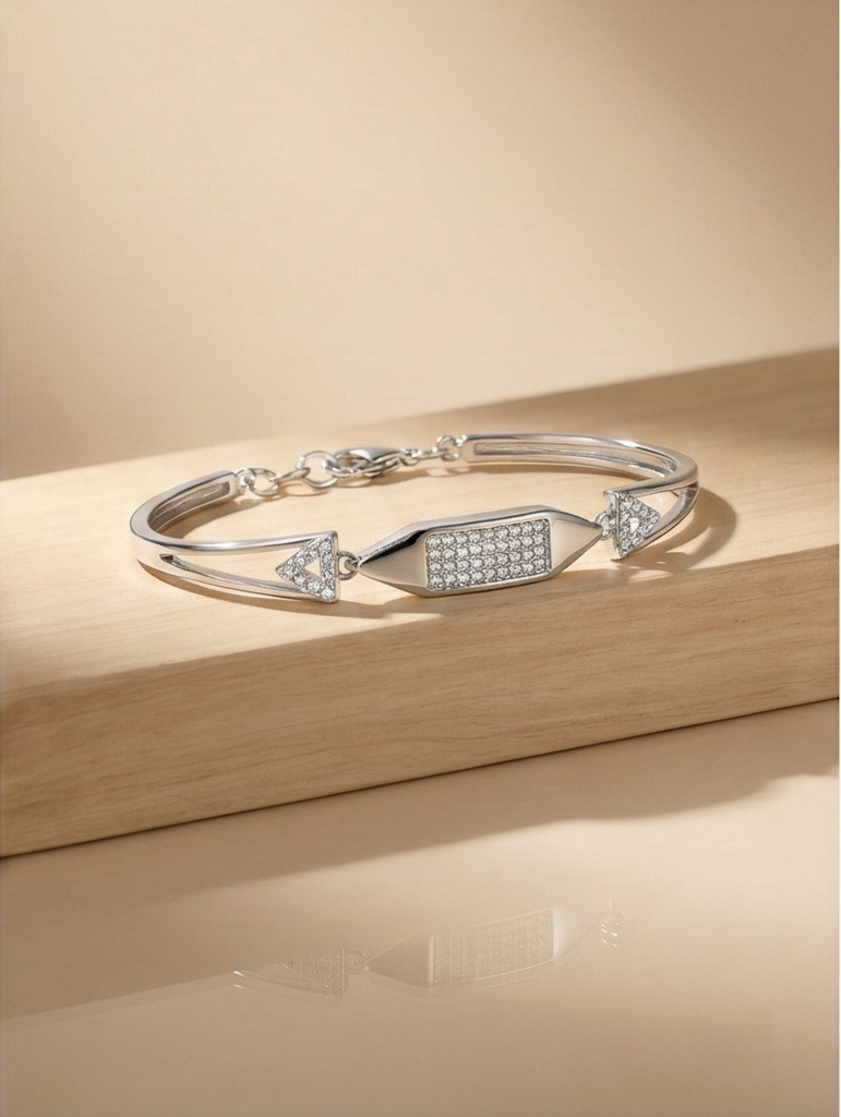925 Sterling Silver Cushion Shape Station Hinged Bangle Bracelet Jewellery For Women High Polish Finish : AG0202-106