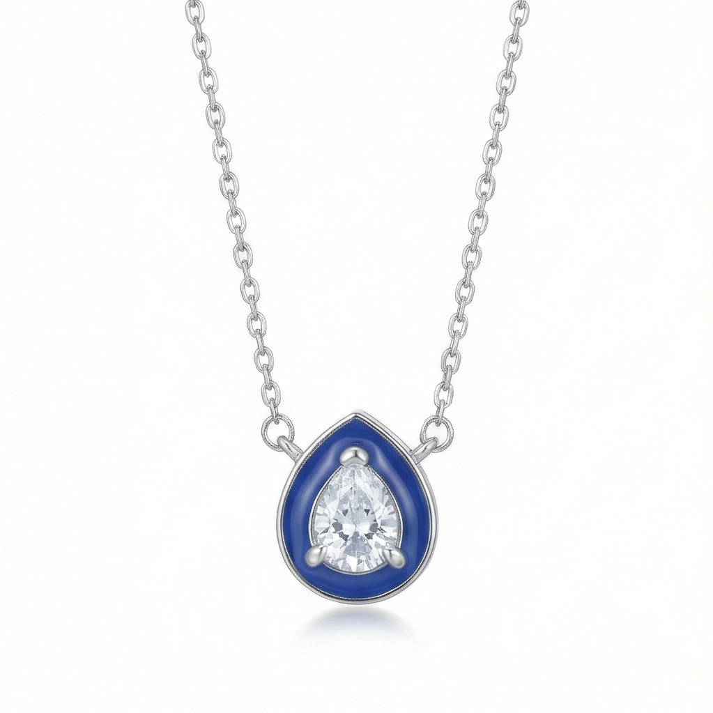 925 Sterling Silver Blue Enamel Pear Shape Pendant Necklace Jewellery With Rhodium Finish : AG0202-11