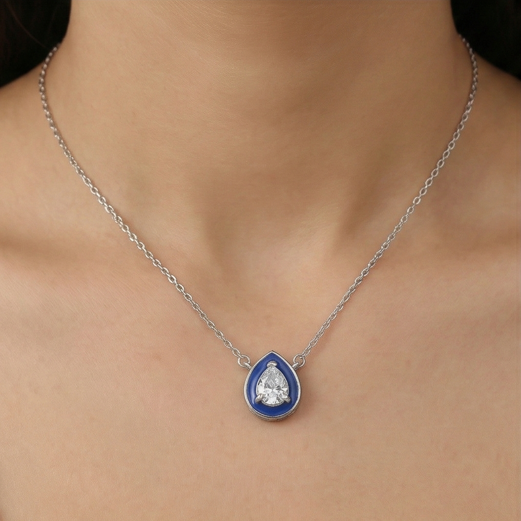 925 Sterling Silver Blue Enamel Pear Shape Pendant Necklace Jewellery With Rhodium Finish : AG0202-11