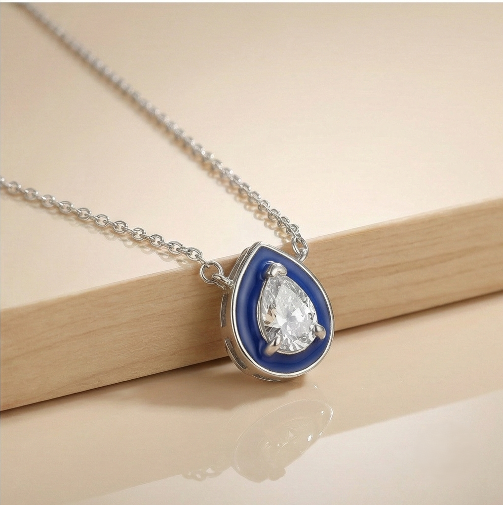 925 Sterling Silver Blue Enamel Pear Shape Pendant Necklace Jewellery With Rhodium Finish : AG0202-11