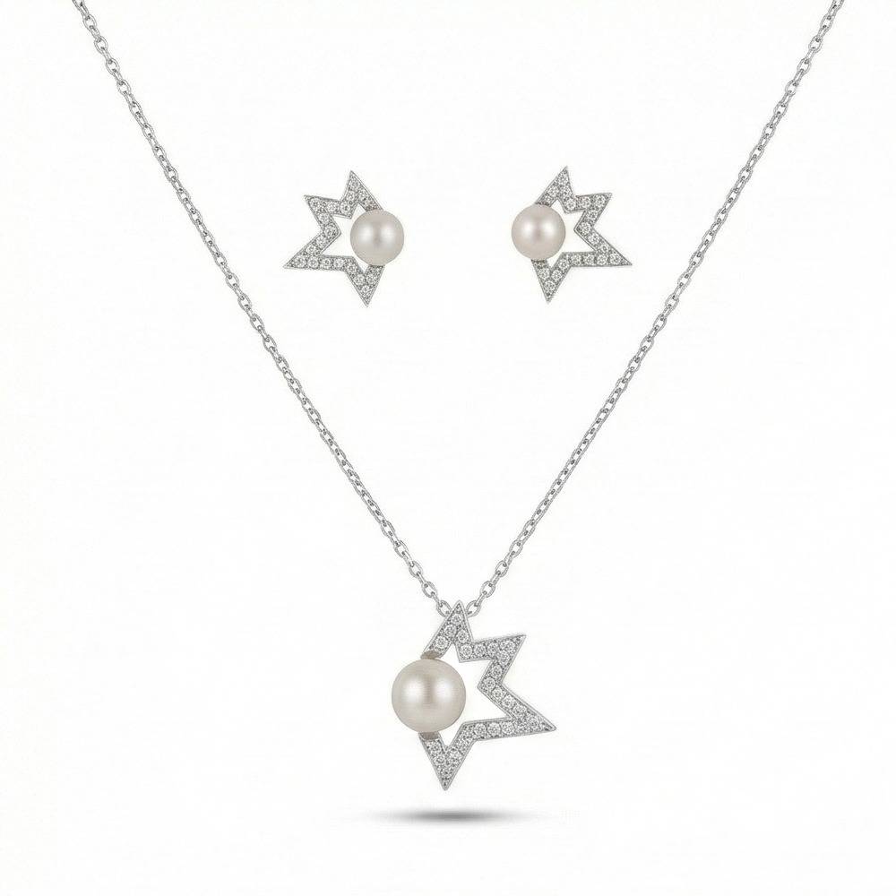 925 Sterling Silver Star Outline Pearl Pendant Necklace And Earrings Set Jewellery : AG0202-120