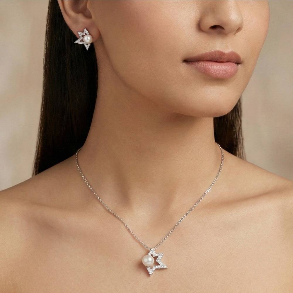 925 Sterling Silver Star Outline Pearl Pendant Necklace And Earrings Set Jewellery : AG0202-120