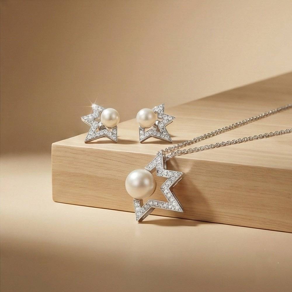 925 Sterling Silver Star Outline Pearl Pendant Necklace And Earrings Set Jewellery : AG0202-120