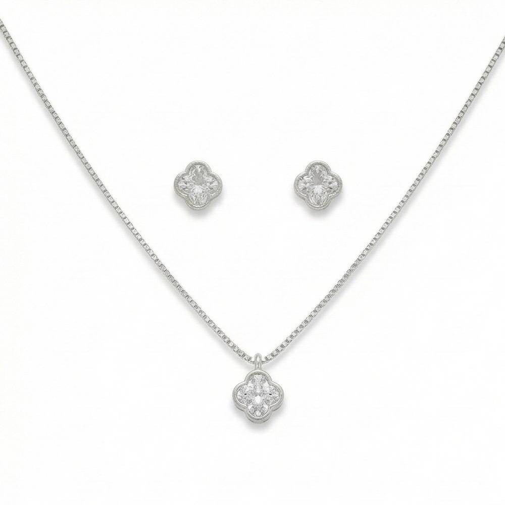 925 Sterling Silver Four Leaf Clover Pendant Necklace And Stud Earrings Set High Polish Rhodium Finish Jewellery : AG0202-122