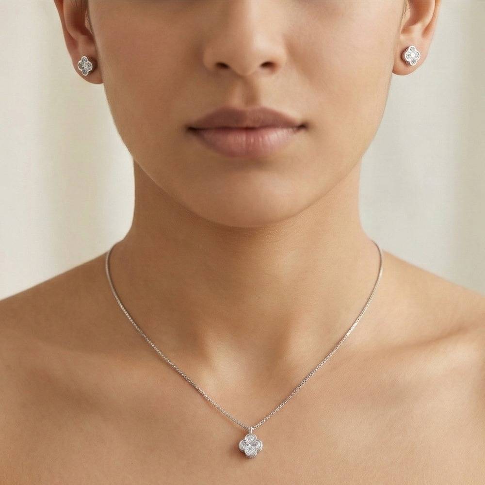 925 Sterling Silver Four Leaf Clover Pendant Necklace And Stud Earrings Set High Polish Rhodium Finish Jewellery : AG0202-122