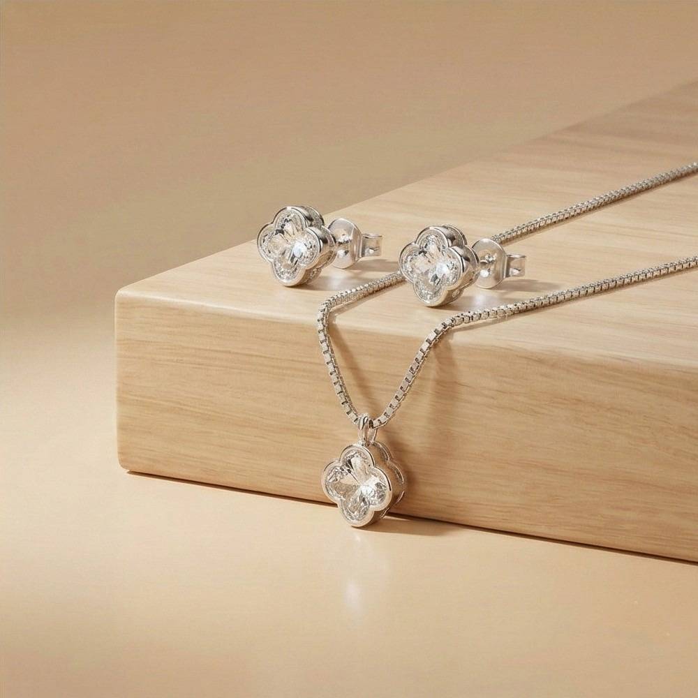 925 Sterling Silver Four Leaf Clover Pendant Necklace And Stud Earrings Set High Polish Rhodium Finish Jewellery : AG0202-122