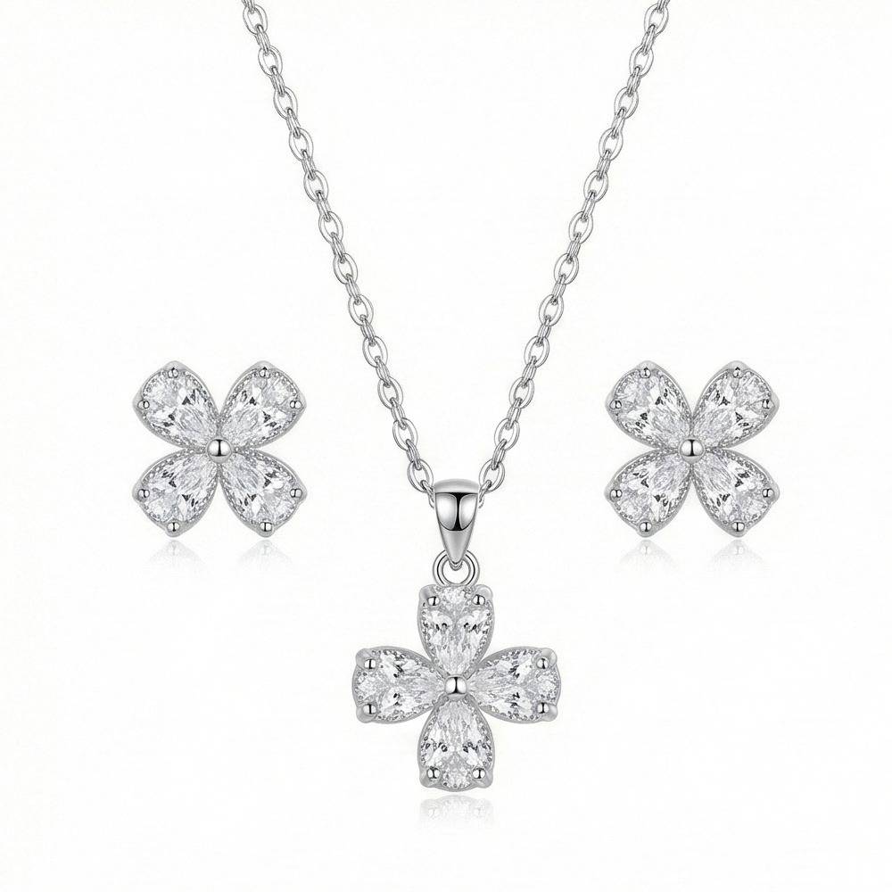 925 Sterling Silver Sparkling Floral Clover Pendant And Earring Set High Polish Jewellery For Women : AG0202-123