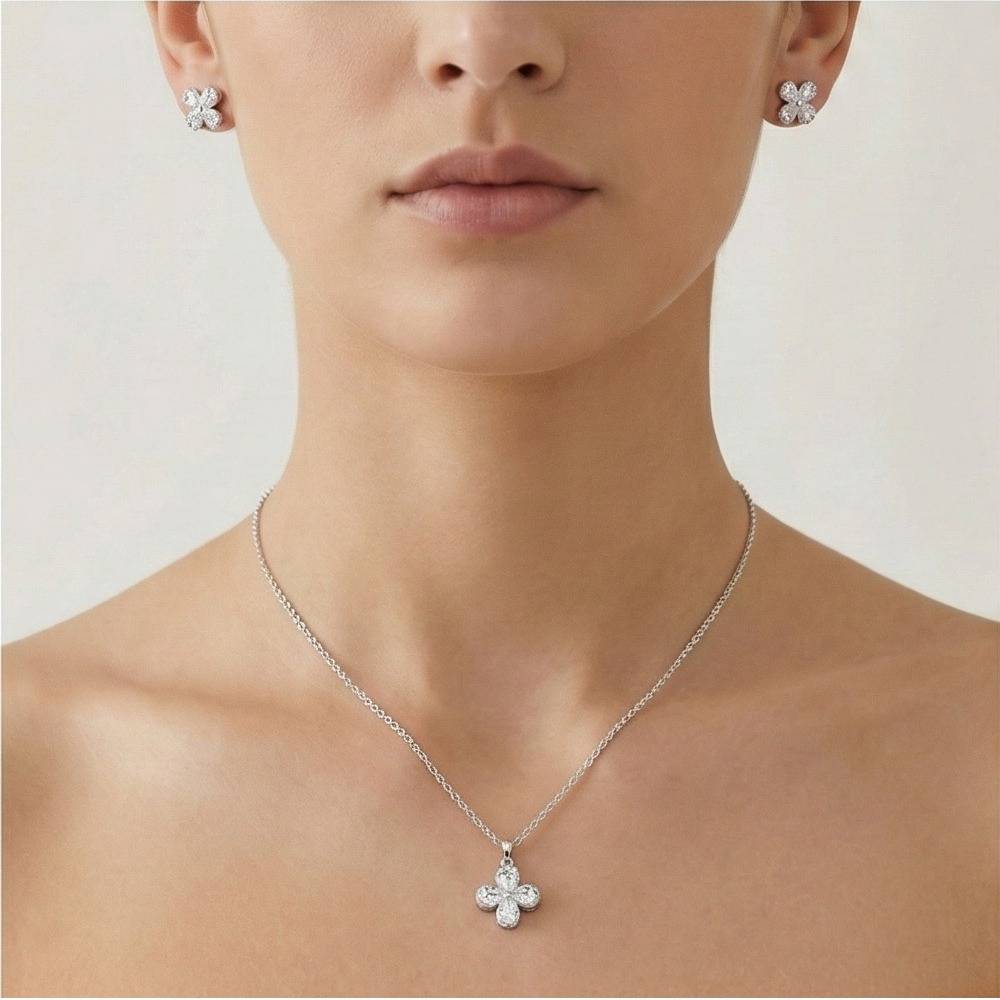 925 Sterling Silver Sparkling Floral Clover Pendant And Earring Set High Polish Jewellery For Women : AG0202-123