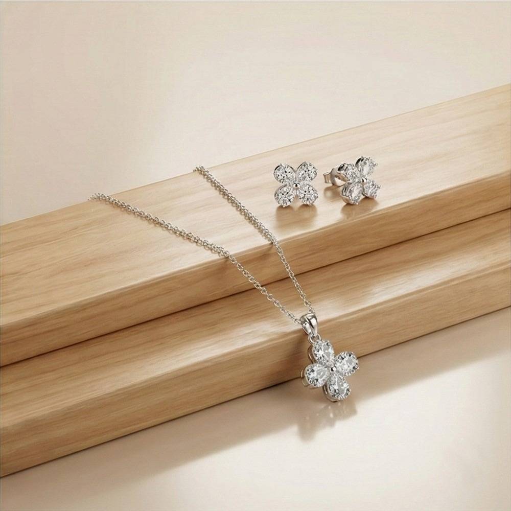 925 Sterling Silver Sparkling Floral Clover Pendant And Earring Set High Polish Jewellery For Women : AG0202-123