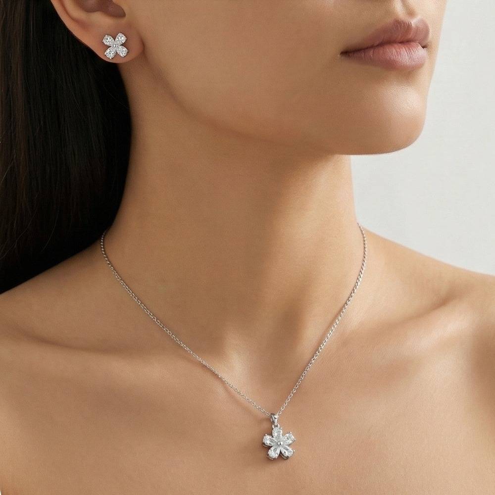 925 Sterling Silver Sparkling Floral Clover Pendant And Earring Set High Polish Jewellery For Women : AG0202-123