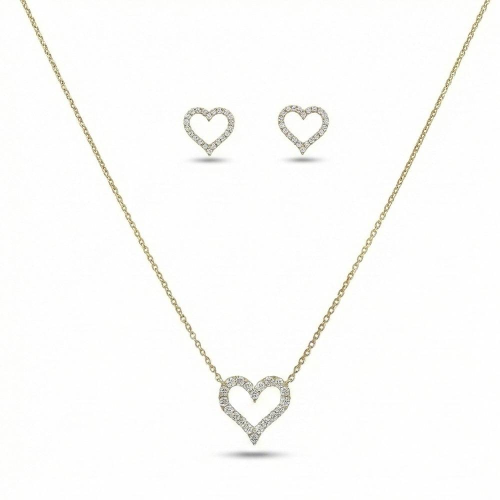 925 Sterling Silver Open Heart Chain Pendant Necklace And Stud Earrings Set, Yellow Gold Plated Minimalist Je : AG0202-124-125