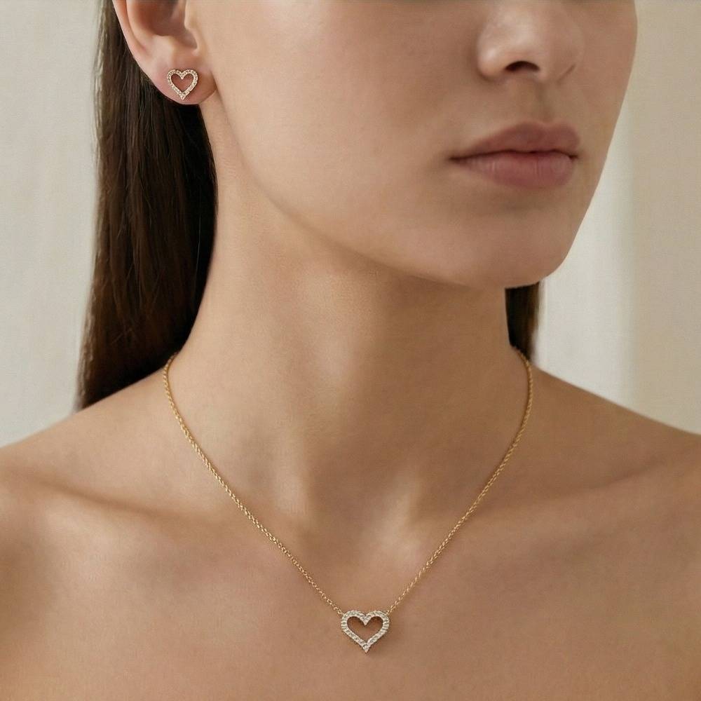 925 Sterling Silver Open Heart Chain Pendant Necklace And Stud Earrings Set, Yellow Gold Plated Minimalist Je : AG0202-124-125