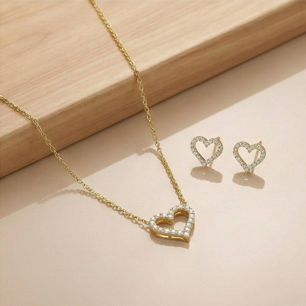 925 Sterling Silver Open Heart Chain Pendant Necklace And Stud Earrings Set, Yellow Gold Plated Minimalist Je : AG0202-124-125