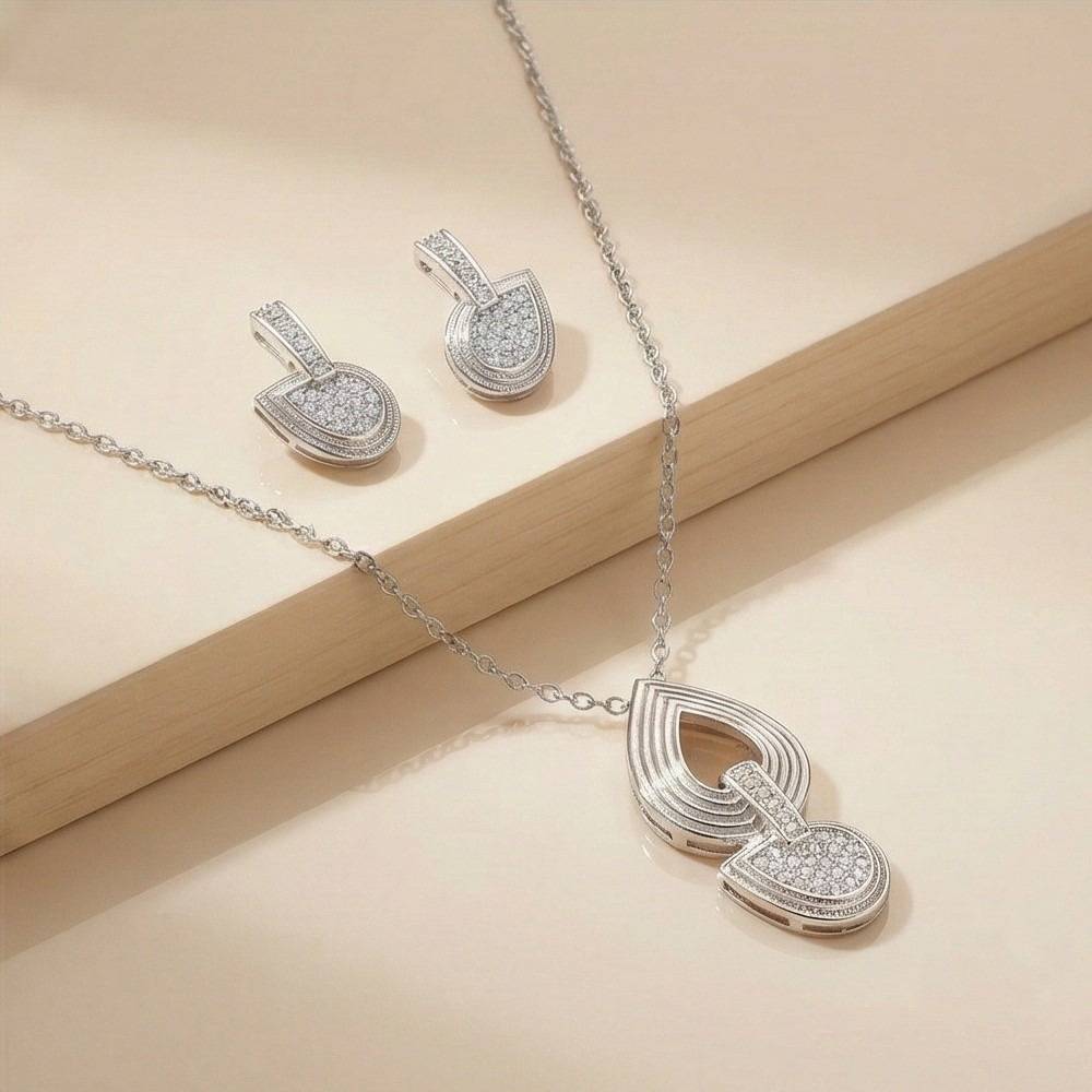 925 Sterling Silver Modern Abstract Loop Pendant Necklace And Earrings Set Jewellery For Women : AG0202-128