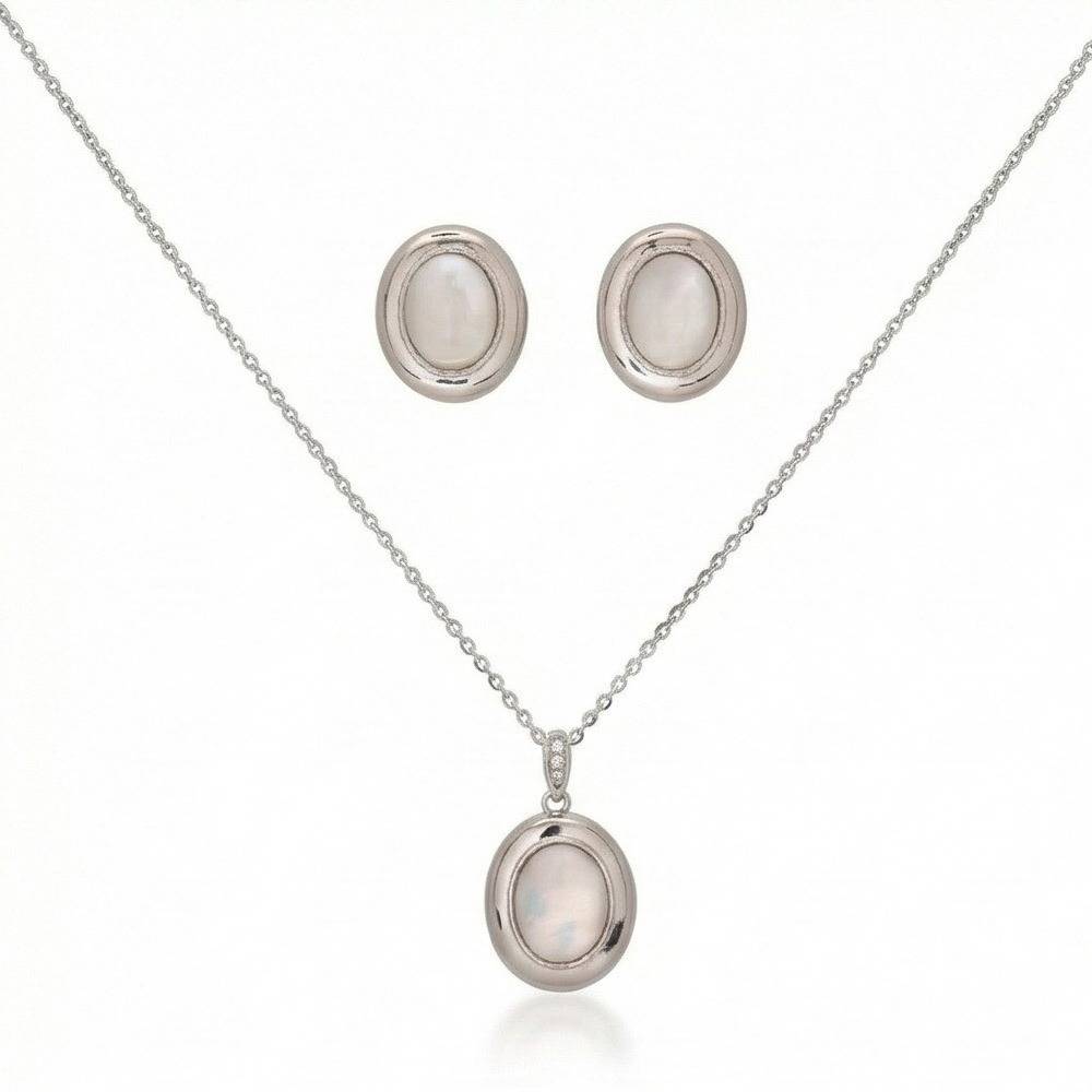 925 Sterling Silver Oval White Shell Stone Pendant Necklace And Earrings Set Jewellery High Polish : AG0202-129