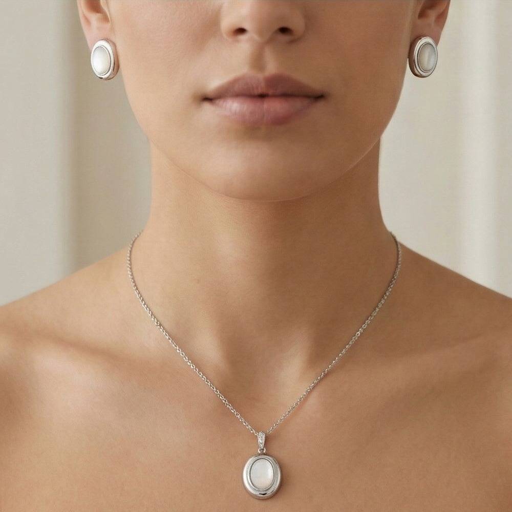 925 Sterling Silver Oval White Shell Stone Pendant Necklace And Earrings Set Jewellery High Polish : AG0202-129