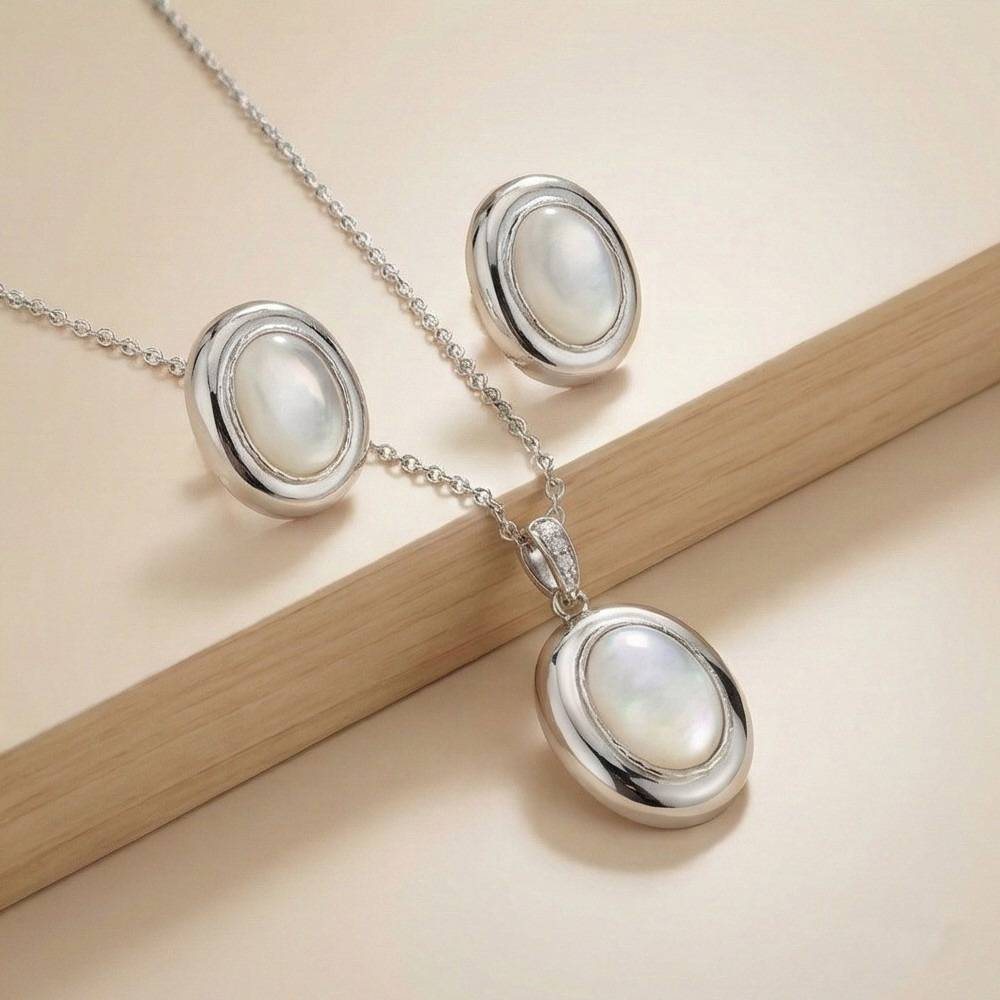 925 Sterling Silver Oval White Shell Stone Pendant Necklace And Earrings Set Jewellery High Polish : AG0202-129
