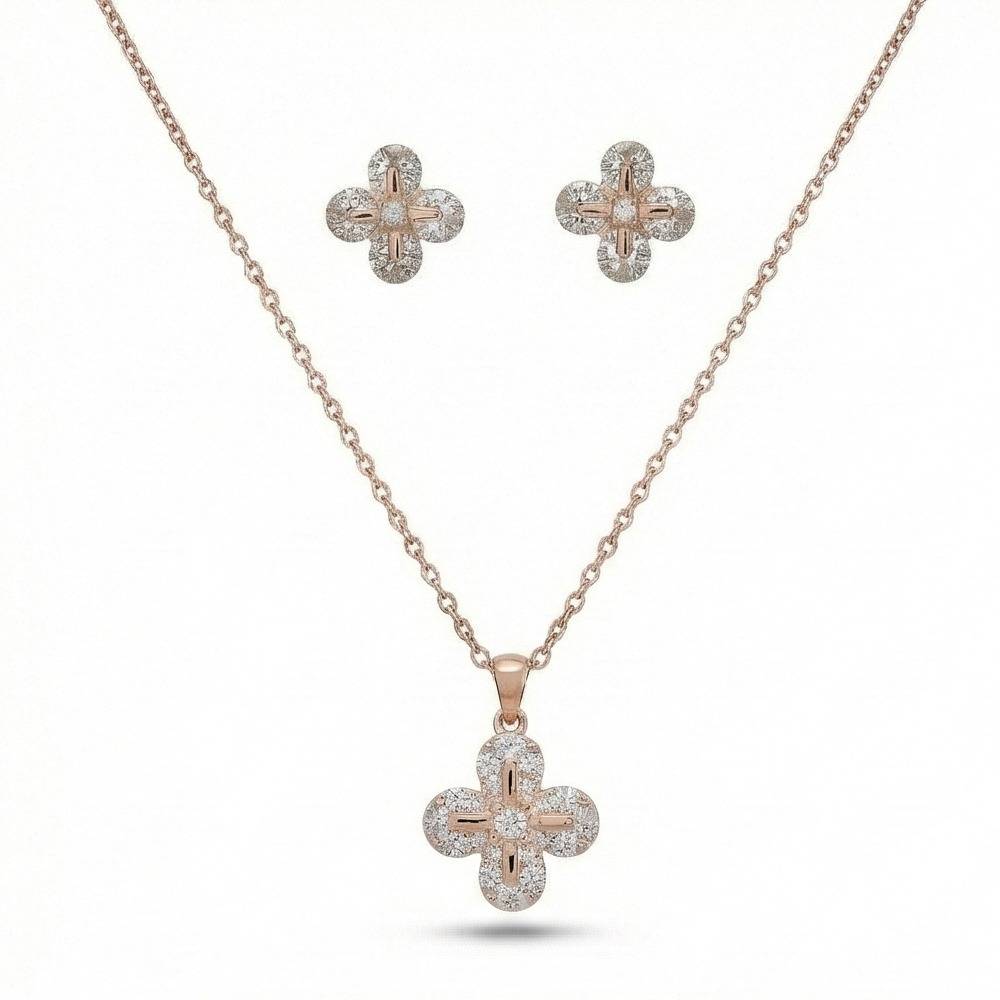 925 Sterling Silver Rose Gold Plated Floral Clover Pendant And Earring Set Jewellery For Women : AG0202-131