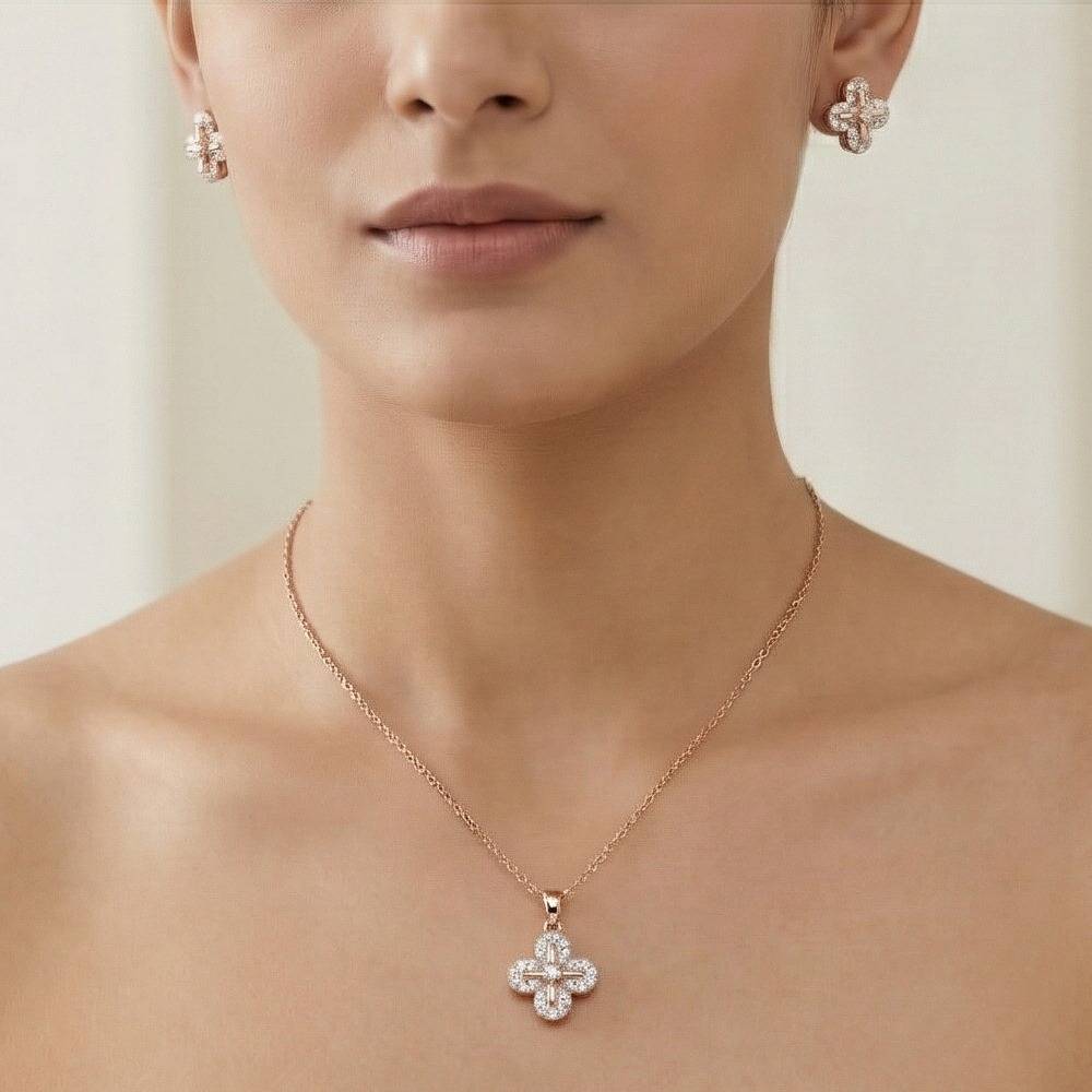 925 Sterling Silver Rose Gold Plated Floral Clover Pendant And Earring Set Jewellery For Women : AG0202-131