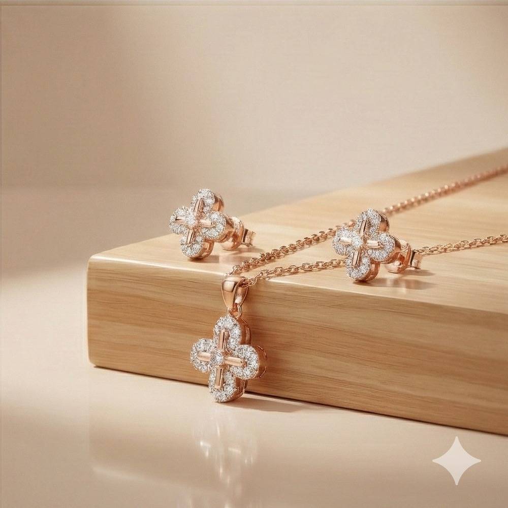 925 Sterling Silver Rose Gold Plated Floral Clover Pendant And Earring Set Jewellery For Women : AG0202-131
