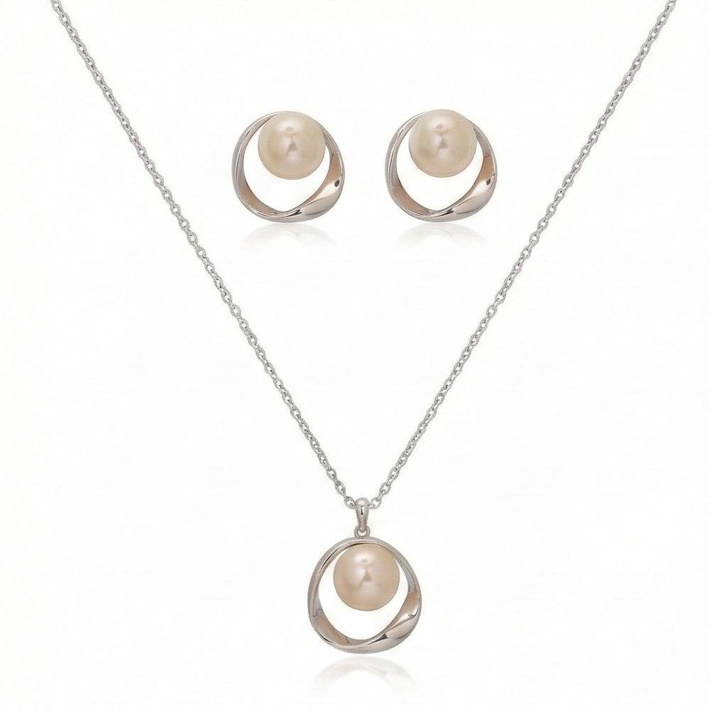 925 Sterling Silver Modern Open Circle Pearl Chain Pendant And Earring Set Jewellery For Women : AG0202-132