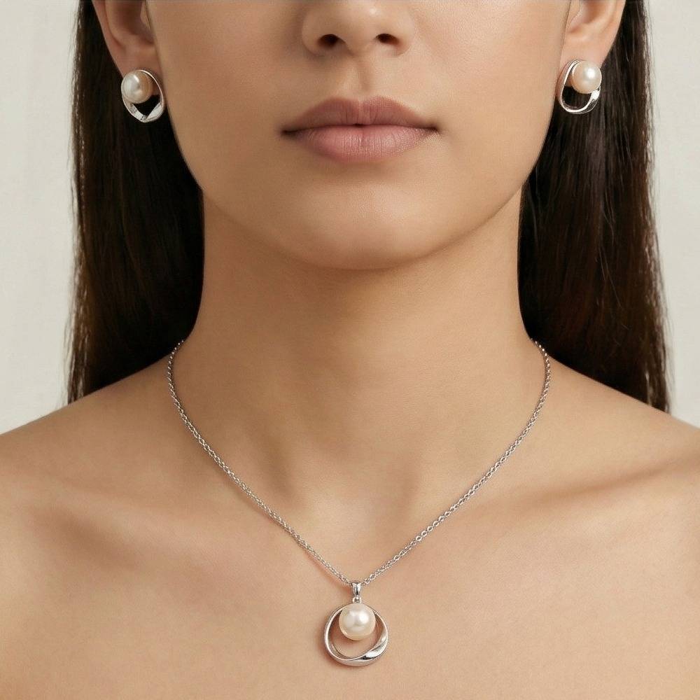 925 Sterling Silver Modern Open Circle Pearl Chain Pendant And Earring Set Jewellery For Women : AG0202-132