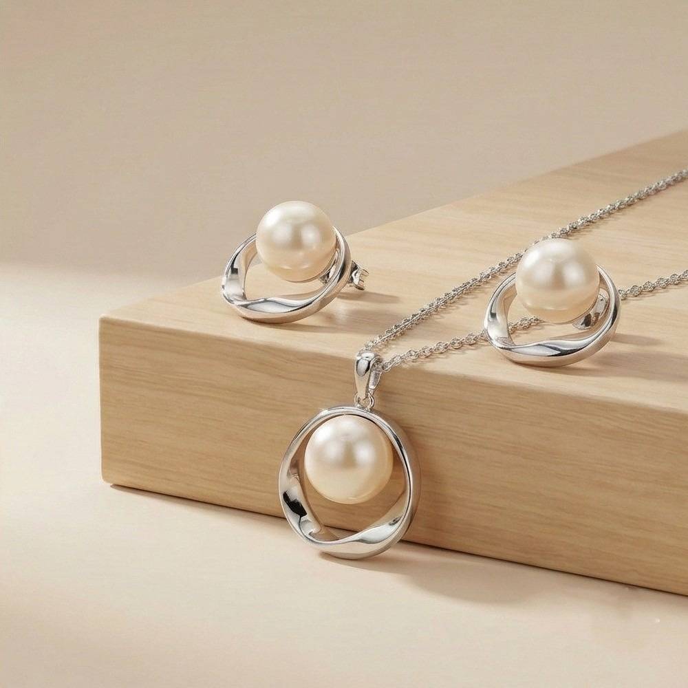 925 Sterling Silver Modern Open Circle Pearl Chain Pendant And Earring Set Jewellery For Women : AG0202-132