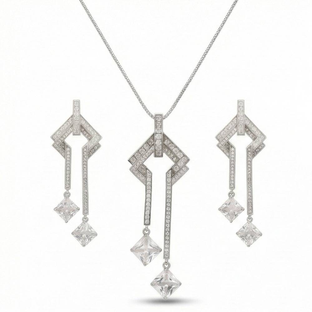 925 Sterling Silver Geometric Art Deco Style Long Drop Chain Pendant And Dangle Earrings Set Jewellery : AG0202-135