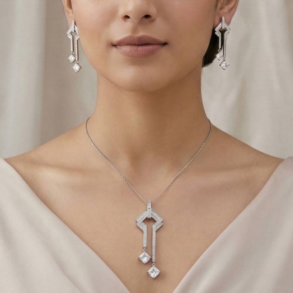 925 Sterling Silver Geometric Art Deco Style Long Drop Chain Pendant And Dangle Earrings Set Jewellery : AG0202-135