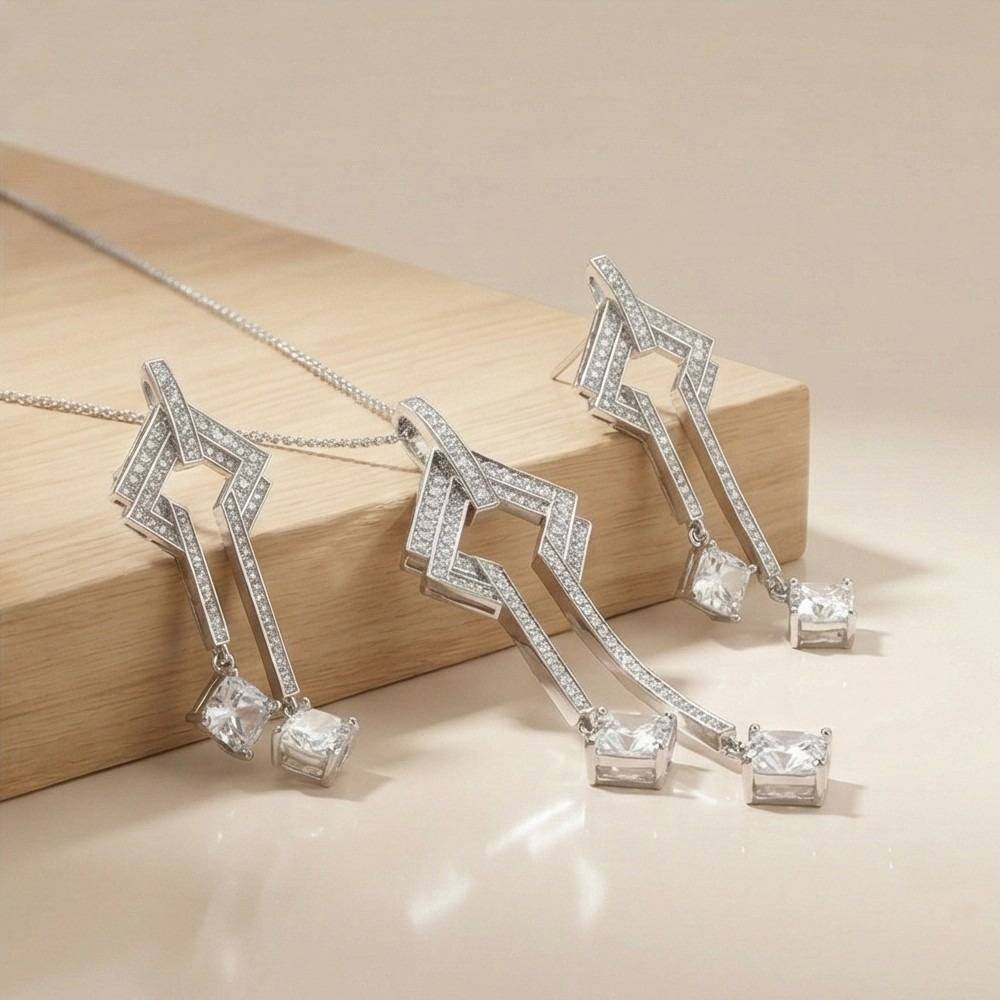 925 Sterling Silver Geometric Art Deco Style Long Drop Chain Pendant And Dangle Earrings Set Jewellery : AG0202-135