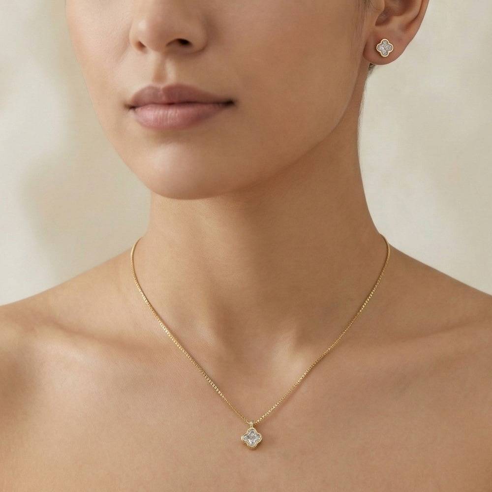 925 Sterling Silver Four Leaf Clover Chain Pendant Necklace And Stud Earrings Set Yellow Gold Plated Jewellery : AG0202-136