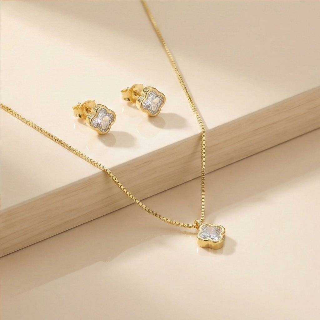 925 Sterling Silver Four Leaf Clover Chain Pendant Necklace And Stud Earrings Set Yellow Gold Plated Jewellery : AG0202-136