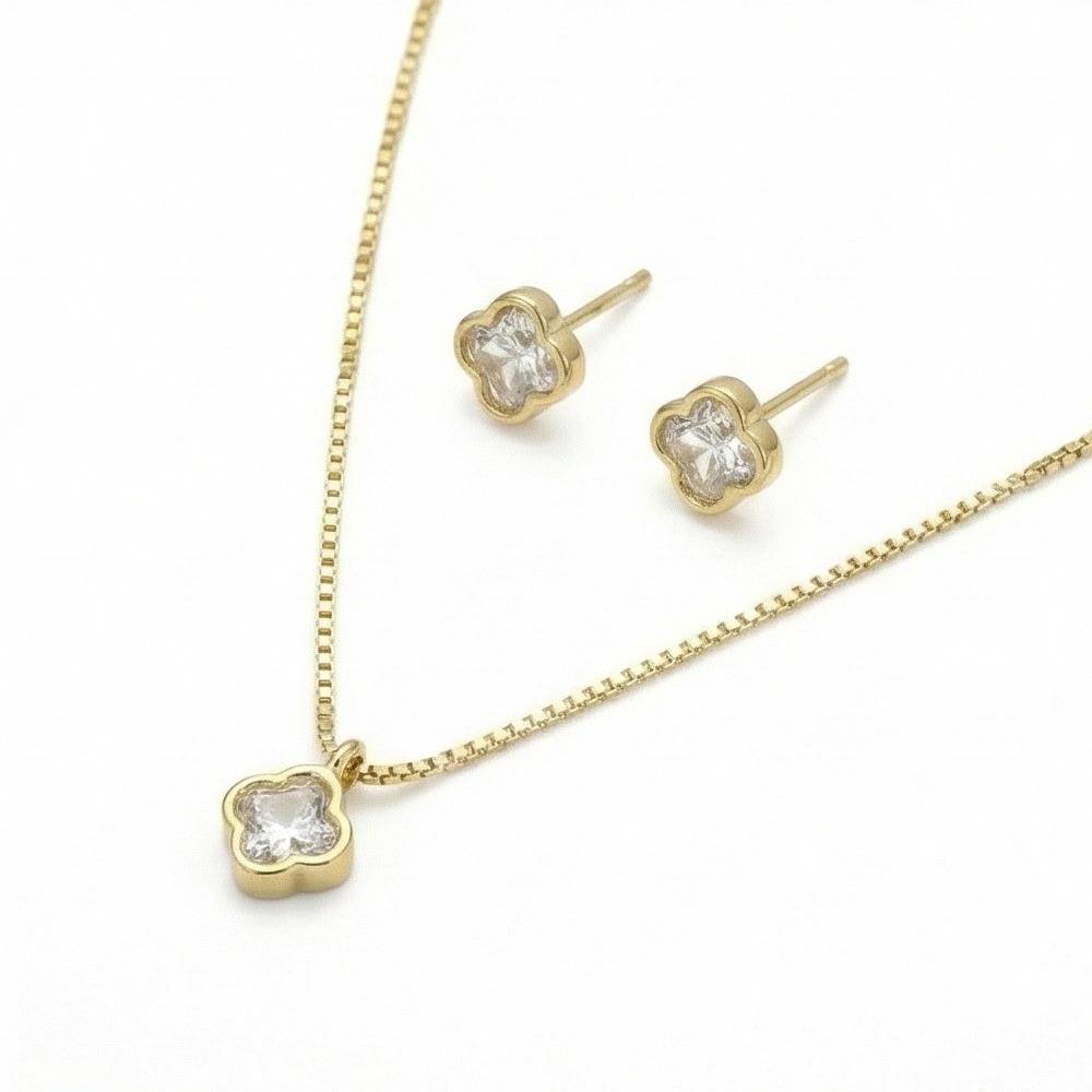 925 Sterling Silver Four Leaf Clover Chain Pendant Necklace And Stud Earrings Set Yellow Gold Plated Jewellery : AG0202-136