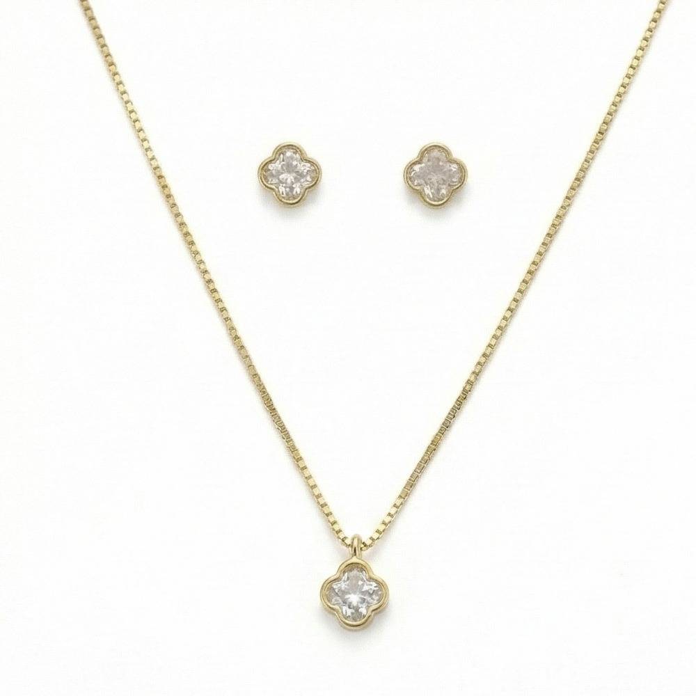 925 Sterling Silver Four Leaf Clover Chain Pendant Necklace And Stud Earrings Set Yellow Gold Plated Jewellery : AG0202-136