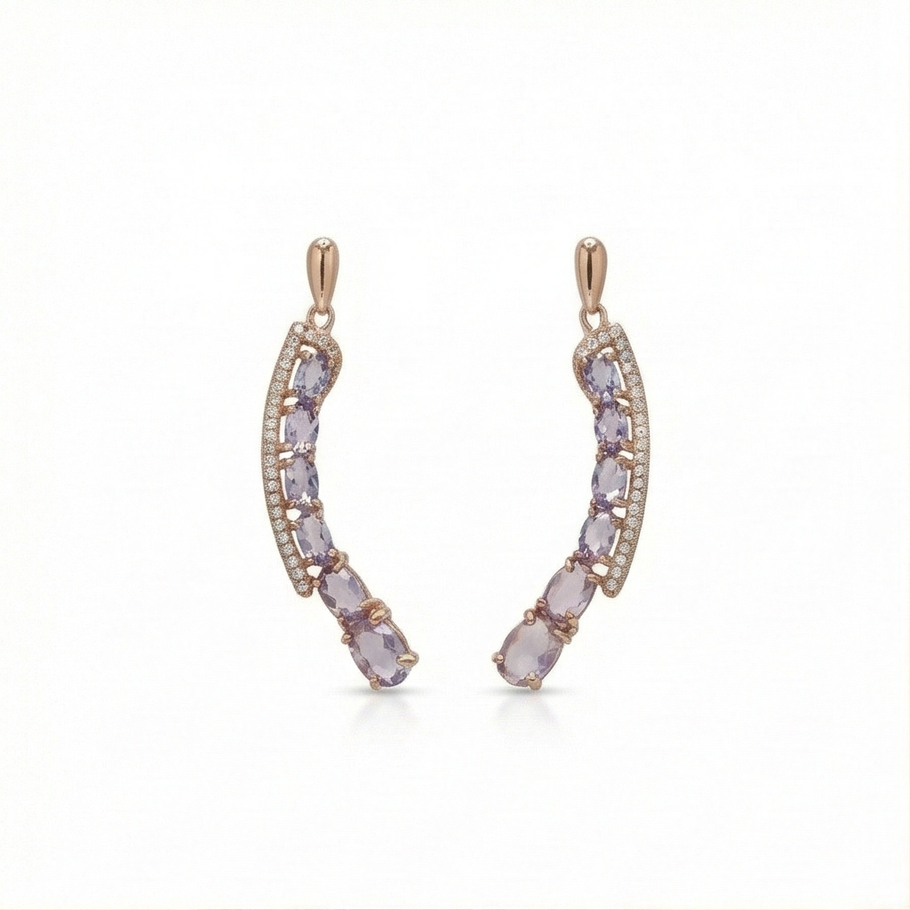 925 Sterling Silver Rose Gold Plated Oval Purple Stone Curved Crawler Earrings Jewellery For Women : AG0202-140