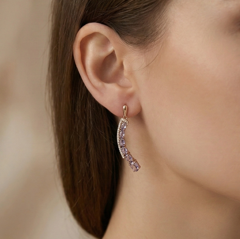 925 Sterling Silver Rose Gold Plated Oval Purple Stone Curved Crawler Earrings Jewellery For Women : AG0202-140