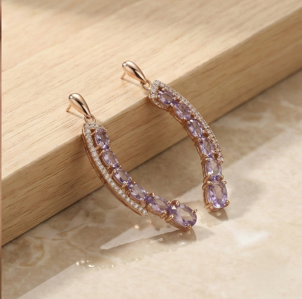 925 Sterling Silver Rose Gold Plated Oval Purple Stone Curved Crawler Earrings Jewellery For Women : AG0202-140