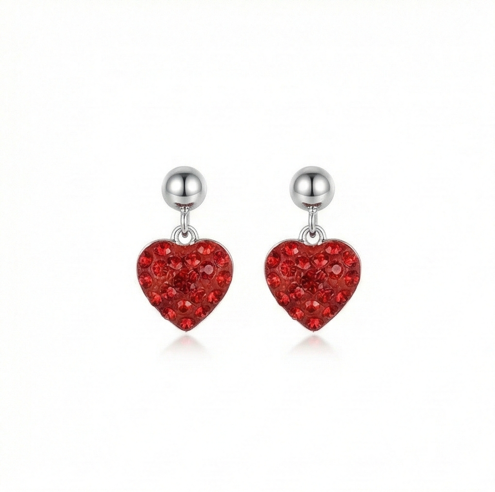 925 Sterling Silver Red Pave Heart Drop Earrings High Polish Jewellery For Women : AG0202-143