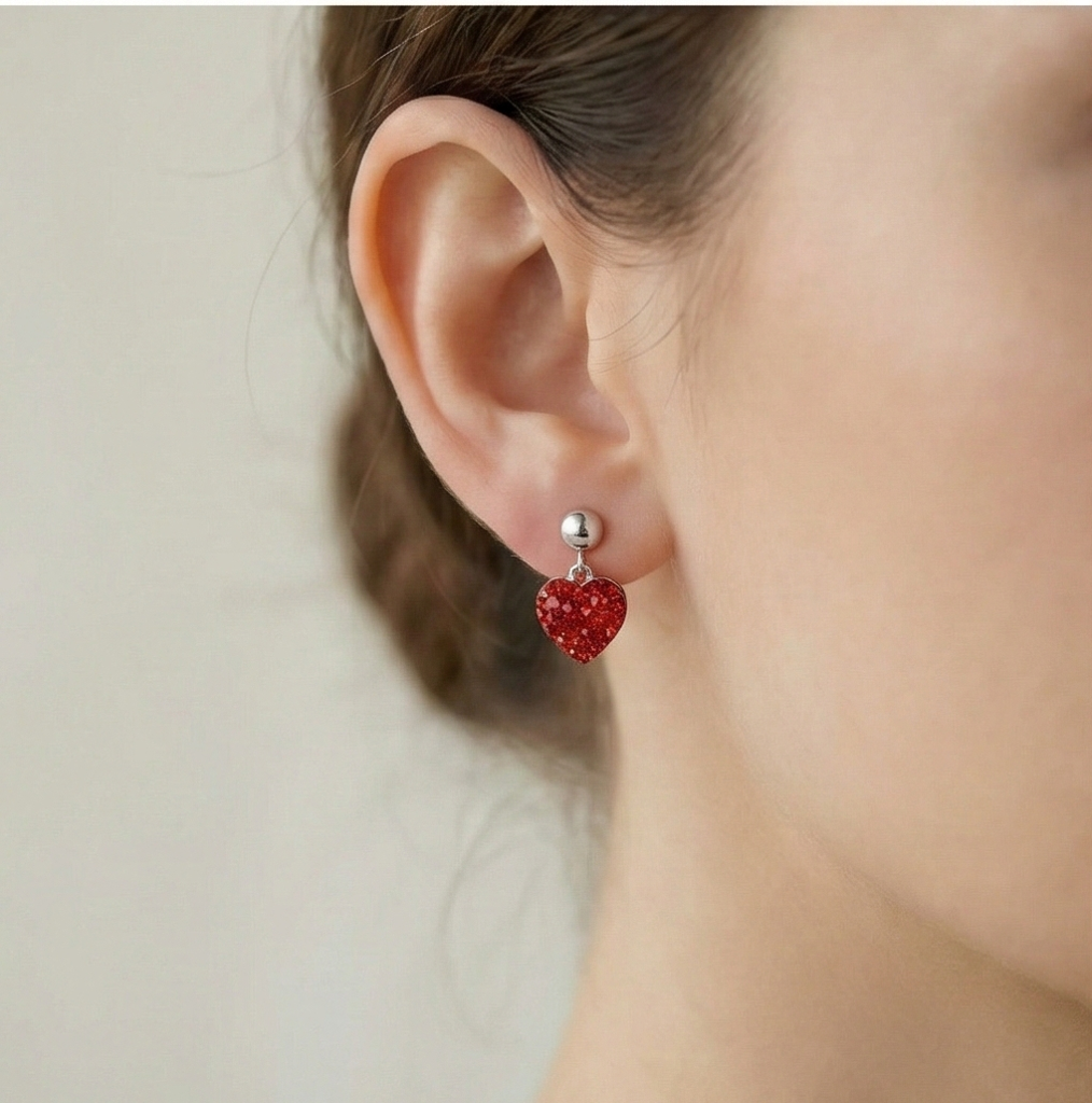 925 Sterling Silver Red Pave Heart Drop Earrings High Polish Jewellery For Women : AG0202-143