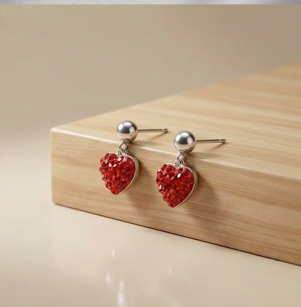 925 Sterling Silver Red Pave Heart Drop Earrings High Polish Jewellery For Women : AG0202-143