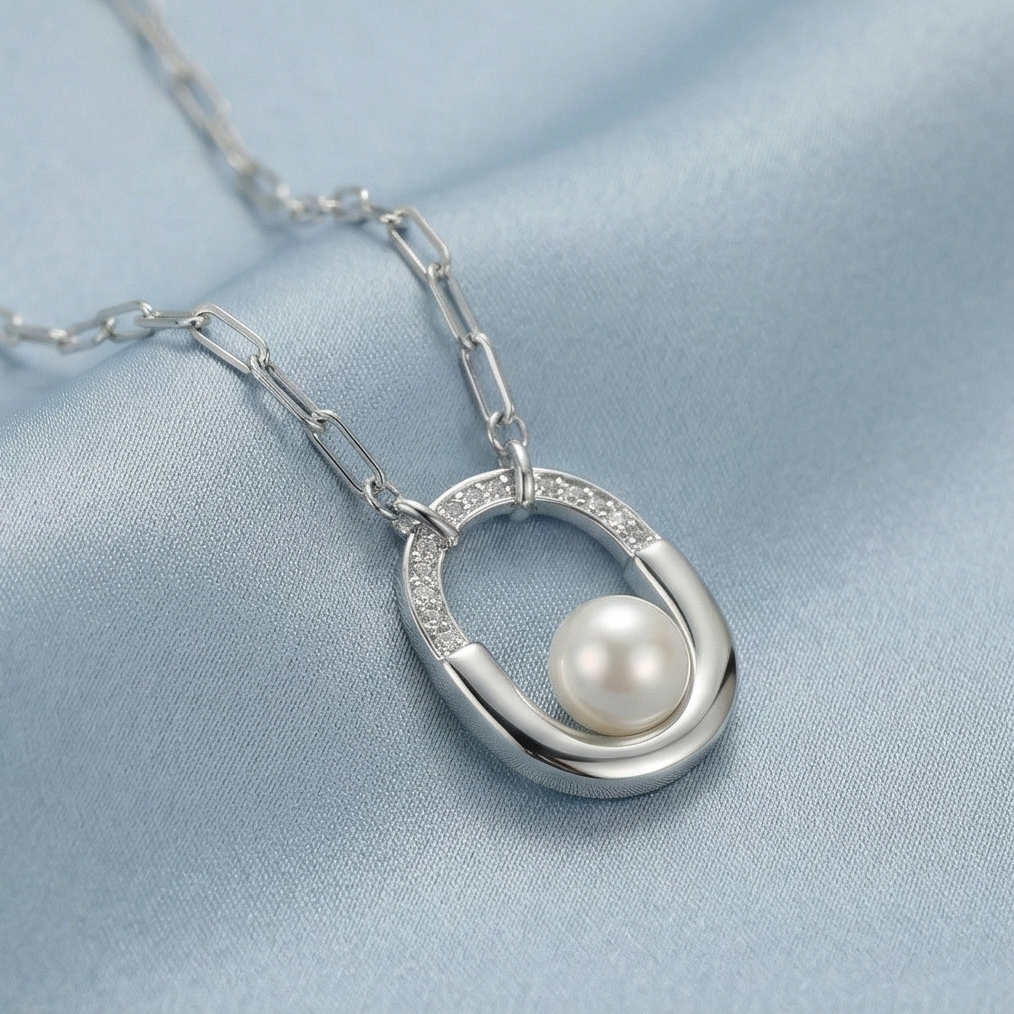 GIAME 925 Sterling Silver Geometric Oval Pearl Pendant Necklace 