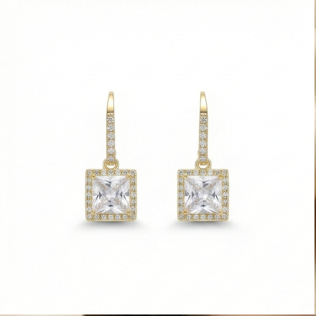 925 Sterling Silver Square Solitaire Drop Earrings With Halo Hoop Yellow Gold Plated Jewellery : AG0202-153