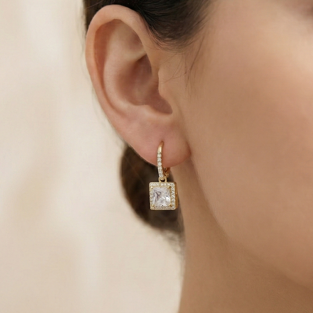 925 Sterling Silver Square Solitaire Drop Earrings With Halo Hoop Yellow Gold Plated Jewellery : AG0202-153