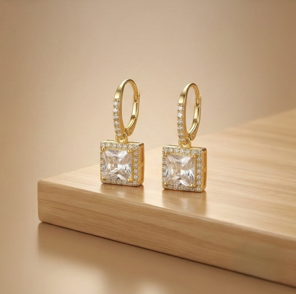 925 Sterling Silver Square Solitaire Drop Earrings With Halo Hoop Yellow Gold Plated Jewellery : AG0202-153