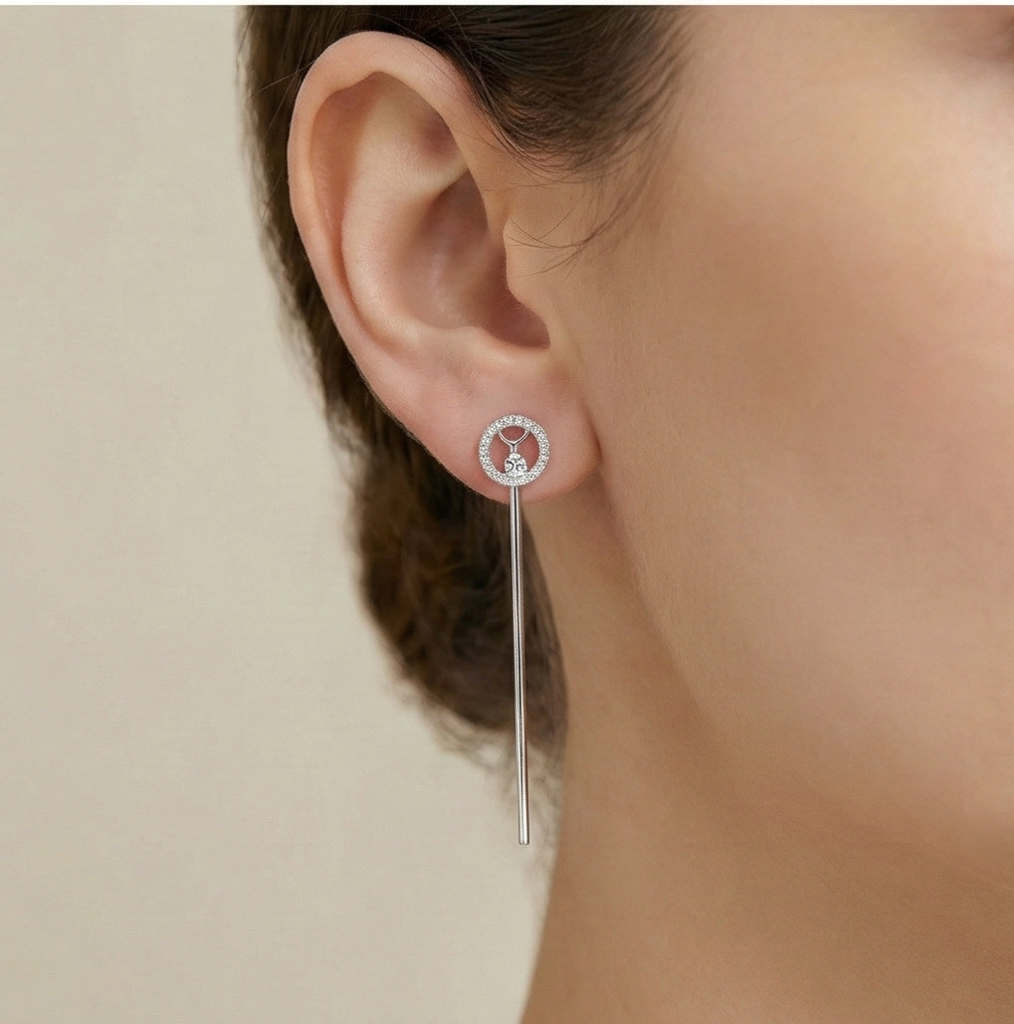 925 Sterling Silver Geometric Circle And Long Bar Drop Earrings Jewellery For Women : AG0202-155