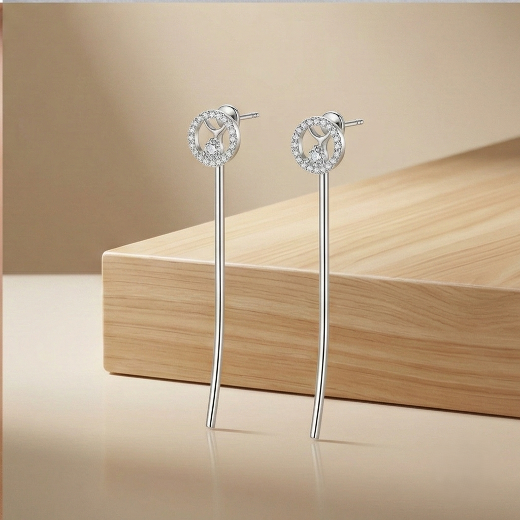 925 Sterling Silver Geometric Circle And Long Bar Drop Earrings Jewellery For Women : AG0202-155