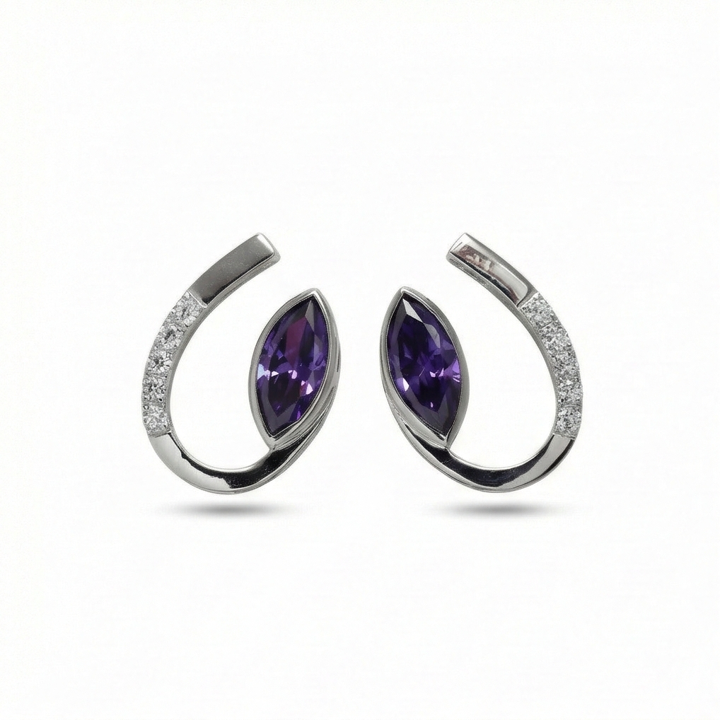 925 Sterling Silver Modern Curved Marquise Purple Stone Stud Earrings Jewellery For Women : AG0202-169
