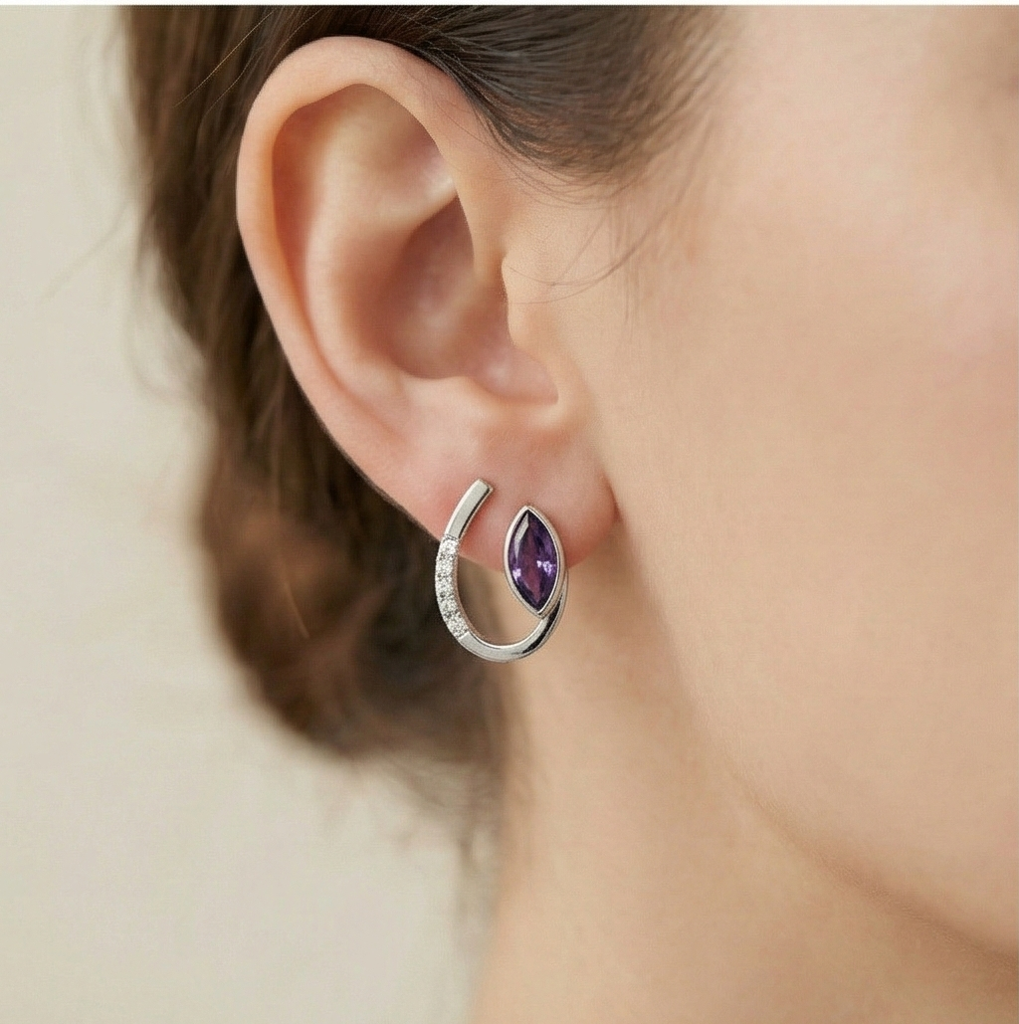 925 Sterling Silver Modern Curved Marquise Purple Stone Stud Earrings Jewellery For Women : AG0202-169